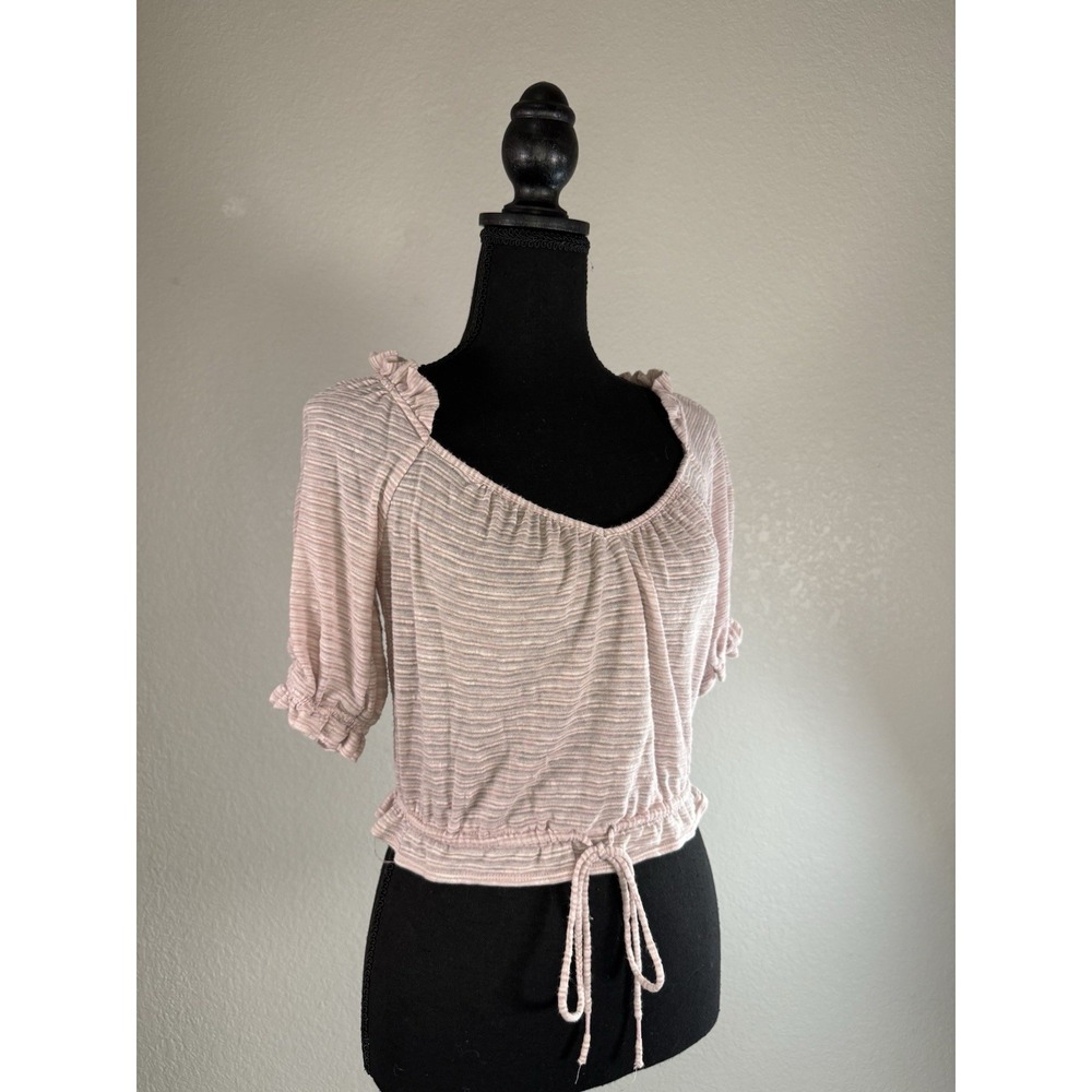 Free People Shirt Womens‎ Extra Small Pink Striped Dorothy Puff Ruffle Crop Boho